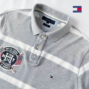 トミーヒルフィガー TOMMY HILFIGER ビッグロゴ ボーダー ポロシャツ L グレー ホワイト 半袖 鹿の子 シャツ