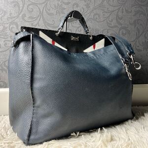 2way○FENDI ピーカブー モンスター ビジネスバッグ バグズアイ セレリア レザー ネイビー シボ革 トート ショルダー フェンディ メンズ