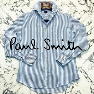 極美品/光沢感 L相当 ●Paul Smith ポールスミス 長袖 シャツ ストライプ柄 青 ブルー ビジネス 薄手 ドレス コットン 総柄 スリム メンズ