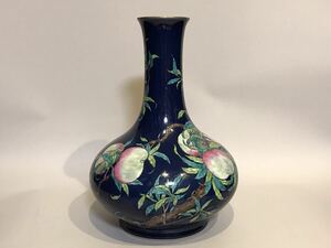 清朝期　藍釉桃文花瓶　大清道光年製銘　唐物　中国美術