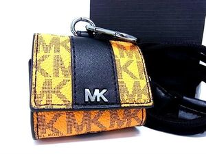 ■新品同様■ MICHAEL KORS マイケルコース MK柄 PVC×レザー AirPodsケース エアポッズケース オレンジ系×ブラック系 FE3144