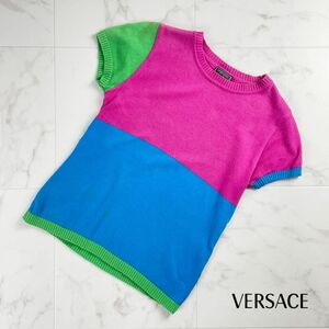 VERSUS VERSACE ヴェルサスヴェルサーチ イタリア製 マルチカラー半袖サマーニットカットソー トップス レディース サイズM*MC355