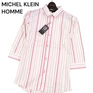 【新品 未使用】 MK HOMME ミッシェルクラン オム 春夏 7分袖★ ジャガード チェック × ストライプ シャツ Sz.46　メンズ　I4T01100_4#A