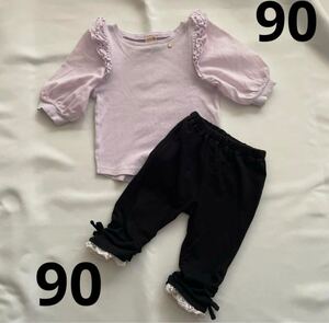 petit main ベビー服 トップス90と黒シャーリングパンツ 90 可愛い女の子セット　 上下セット