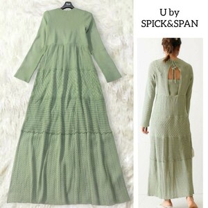 33 【U by SPICK&SPAN】 スピック&スパン ニットワンピース ロングワンピース グリーン 緑 長袖 ティアード 無地 フレア バックオープン