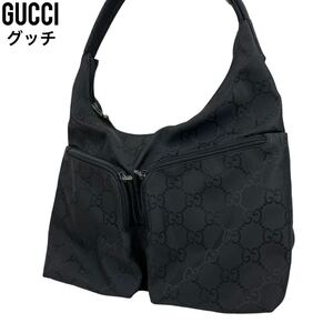 良品　GUCCI グッチ　ワンショルダーバッグ　GGナイロン　トートバッグ　ハンドバッグ　ブラック　黒　0013380 1205 レザー　手提げ