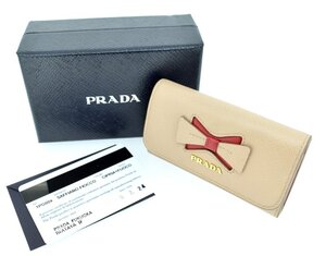 美品 PRADA プラダ 【4連キーケース サフィアーノ レザー リボン ベージュ×レッド 1PG004】FIOCCO 箱付