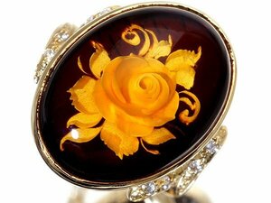 1円～【ジュエリー極】美しい薔薇デザイン！天然琥珀インタリオ19.4mm×14.5mm＆ダイヤモンド0.11ct 高級K18YGリング k8619ml【送料無料】