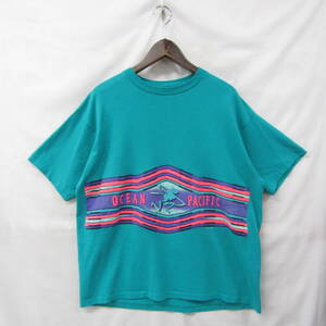 USA製 90s サイズ L OCEAN PACIFIC 両面 ライン プリント Tシャツ 半袖 シングル サーフ グリーン Op 古着 ビンテージ 2JU1313