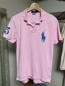 USED美品！POLO RALPH LAUREN CUSTOM FIT ラルフローレン メンズ ビッグポニー 鹿の子 半袖 ポロシャツ Sピンク／ライトブルー