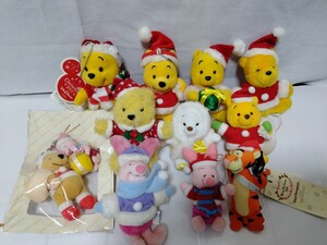 1円〜ディズニー くまのプーさん ピグレット ティガー ぬいぐるみバッジ ストラップ クリスマス サンタ マフラー ウインター 11点セット