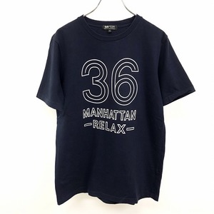 BEAMS HEART ビームスハート M レディース Tシャツ カットソー プリント 英字 数字 文字 MANHATTAN RELAX 36 丸首 半袖 綿100% ネイビー 紺