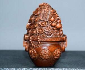 蔵友旧蔵出 黄楊木 細密彫 聚寶盆 置物 古賞物 稀少珍藏品 中国時代美術品