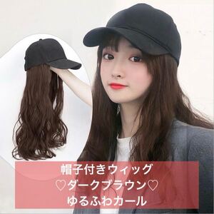 帽子付きウィッグ ウィッグ ゆるふわカール キャップ 帽子 ブラウン ゆるふわ ロング カール スタイリング イメチェン かつら カツラ フル