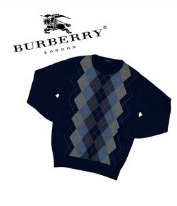 【美品】BURBERRY LONDON バーバリー ロンドン ウール セーター ニット ネイビー アーガイル柄 ホース刺 ネイビー メンズ L