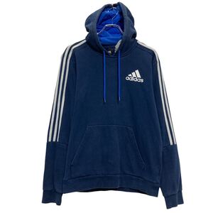 adidas ロゴ スウェット パーカー アディダス L サイズ ネイビー プルオーバー 袖 ボーダー 古着卸 アメリカ仕入 a609-7267