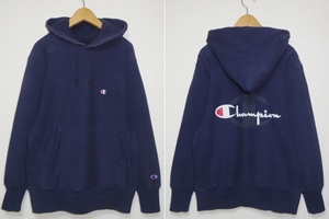 90s USA製■Champion チャンピオン 刺繍タグ■ロゴプリント リバースウィーブ スウェット パーカー■MEDIUM ネイビー 紺■ビンテージ 80s