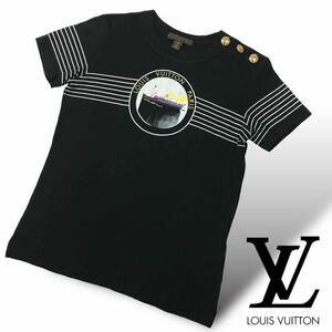 n192 LOUIS VUITTON ルイヴィトン マリン 半袖Tシャツ ボーダー ブラック 船 プリント ロゴ XS イタリア製 コットン100% レディース 正規品