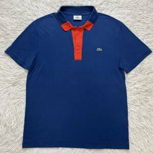 極美品 L相当 サイズ5 LACOSTE ラコステ 半袖 ポロシャツ ネイビー系 襟 切り替え デザイン 鹿の子 春夏 ワニワッペン