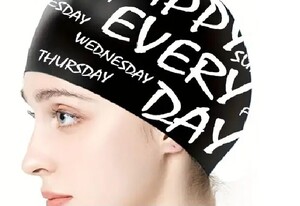 【プールに映える！】スイムキャップ《Happy evry day》swimming cap■シリコン素材★黒●男女兼用