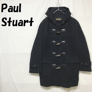 【人気】Paul Stuart/ポール・スチュアート ダッフルコート フード付き 羊毛 牛革 ネイビー サイズL レディース/S2886