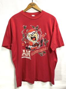 ■ 80s 80年代 ビンテージ USA製 ARTEX タズマニアンデビル × クリスマス イラスト 半袖 Tシャツ サイズL レッド アメカジ Warner Bros ■