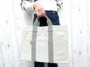 美品 HERMES エルメス ニューフールトゥMM トートバッグ ハンドバッグ バッグ キャンバス グレー A4収納可 メンズ 77742