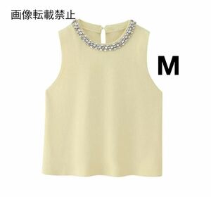 yellow vintage ヴィンテージ レトロ ビジュー ノースリーブ ニット トップス Mサイズ レディース★ZARA 好きな方に★2024 夏新作 新品★