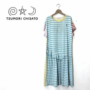 A657-O-S◆ TSUMORI CHISATO ツモリチサト ワンピース ボーダー ルームウェア ワンポイント フリル◆sizeM コットン ブルー