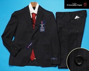 新品17.3万円 大手百貨店扱い 10マンス『Ermenegildo Zegna ゼニア TRAVELLER 伊製生地』ウール100% ストライプ スーツA6黒(A) 1513081