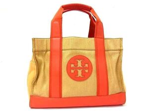 1円 TORY BURCH トリーバーチ ナイロン×レザー トートバッグ ハンドバッグ レディース ベージュ系×オレンジ系 BI8141