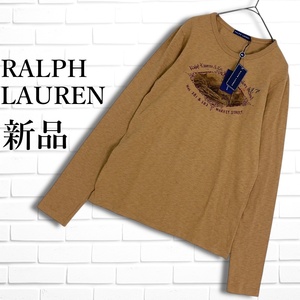 ◆新品◆ RALPH LAUREN ラルフローレン 刺繍 プリント 長袖 カットソー Tシャツ ベージュ レディース L ◆送料無料 タグ付き◆ 3464L