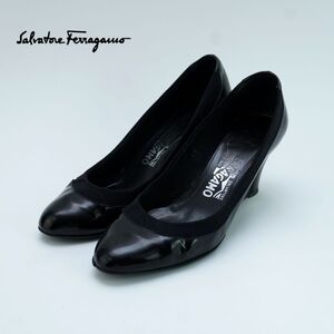 Salvatore Ferragamo サルヴァトーレフェラガモ 6 1/2 24.0 パンプス ウェッジソール 素材切替 エナメル 黒 ブラック/QC33