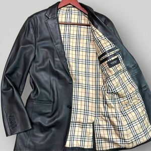 ◎極美品 希少 LLサイズ◎ BURBERRY BLACK LABEL バーバリーブラックレーベル ラムレザー テーラードジャケット 羊革 ブラック XL メンズ