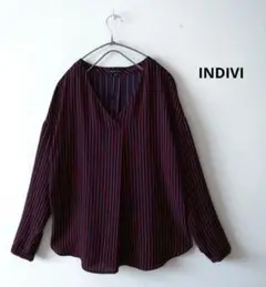 【美品】INDIVI ブラウス ストライプ Vネック 上品 タック入り