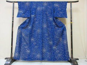 1円 良品 化繊 着物 小紋 洗える 絽 夏物 和装 和服 青 花吹雪 花びら おしゃれ 単衣 身丈153cm 裄63cm【夢職】★★★