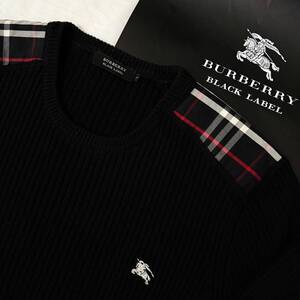 名作 BURBERRY BLACK LABEL バーバリーブラックレーベル クルーネックニットシャツ セーター 肩ノバチェック ホース刺繍 黒 2(M) #2962