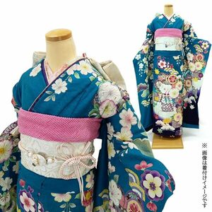 セール 20%off 仕立付き 正絹 振袖単品 f-499-t 辻が花絞り ブルーグリーン 緑 青 刺繍 成人式 新品 振袖単品