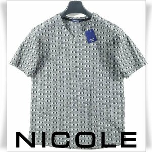 新品1円～★ニコル セレクション NICOLE selection 半袖 ストレッチ コットン綿 Vネック 幾何学模様柄 カットソー 46 M グレー 黒 ◆4492◆