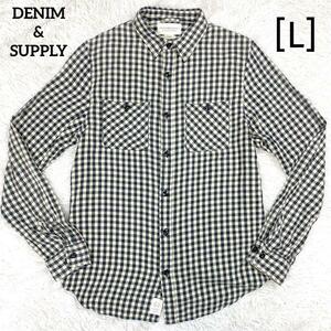 デニム&サプライ ラルフローレン ◆コットン ギンガムチェック フランネルシャツ (L) オフホワイト×ブラック vintage メンズ