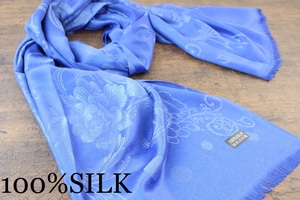 新品【シルク100% SILK】ラメ織 ペイズリー 華 ドット柄 ブルー青 BLUE 大判 ストール/スカーフ