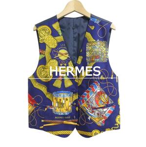 美品 HERMES エルメス 約M~L 総柄 スカーフ柄 前後切り替え ベスト ジレ トップス 紺 ネイビー