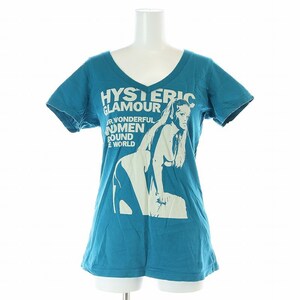 ヒステリックグラマー HYSTERIC GLAMOUR ヒスガール プリントVネックTシャツ カットソー 半袖 ロゴ F 青 ブルー /AT ■OS レディース