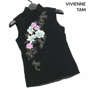 VIVIENNE TAM ヴィヴィアンタム 花柄 フラワー刺繍♪ パワーネット ノースリーブ チャイナ トップス Sz.0　レディース 黒　K4T00604_5#D