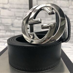 【極美品/最高級】GUCCI グッチ ベルト インターロッキング デカロゴ GG レザー ブラック 黒 シルバー金具 通勤 仕事 ビジネス メンズ 4cm