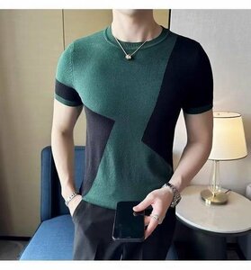 サマーニット カットソー カジュアル 半袖ニット メンズ サマーセーター ニットTシャツ グリーン 2XLサイズ
