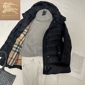 ◆美品◆バーバリー◆BURBERRY 38/9号/M ダウン最高比率95%！極暖仕様ハンガリーグース2wayサイドリブダウンコート 黒×メガチェック 