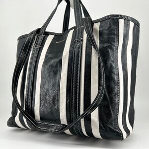 【美品】BALENCIAGA バレンシアガ BARBES バルベス ストライプ トートバッグ ショルダー 2way A4可 肩掛け バイカラー レザー ブラック 白