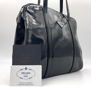 希少● PRADA 2455 プラダ ハンドバッグ トート ワンショルダーバッグ 三角プレート 肩掛け 黒 パテントレザー 1円