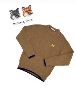 MAISON KITSUNE メゾンキツネ ウール ニット セーター ワッペン 厚手 プルオーバー ベージュ×ネイビー メンズM